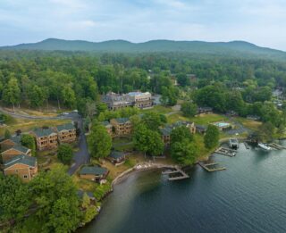 An aerial view of the Erlowest on Lake George.